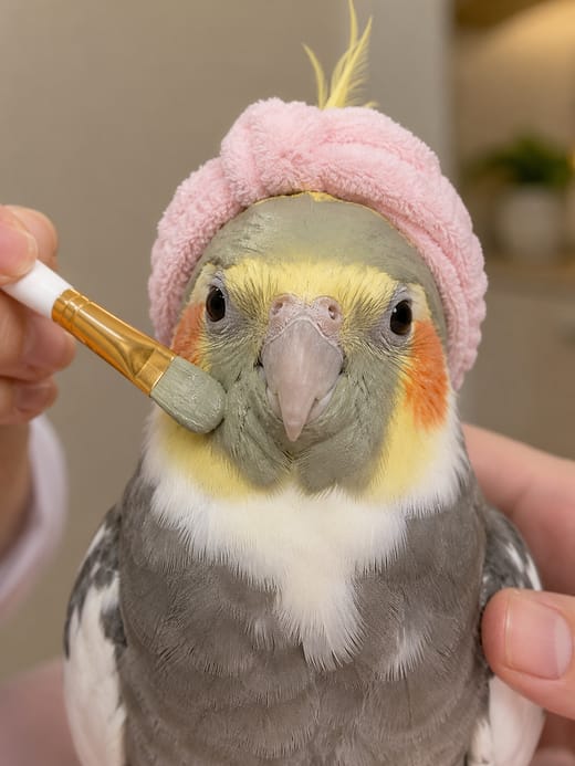 Calopsita de turbante rosa recebendo uma pincelada de máscara, mascote bem-humorada da clínica